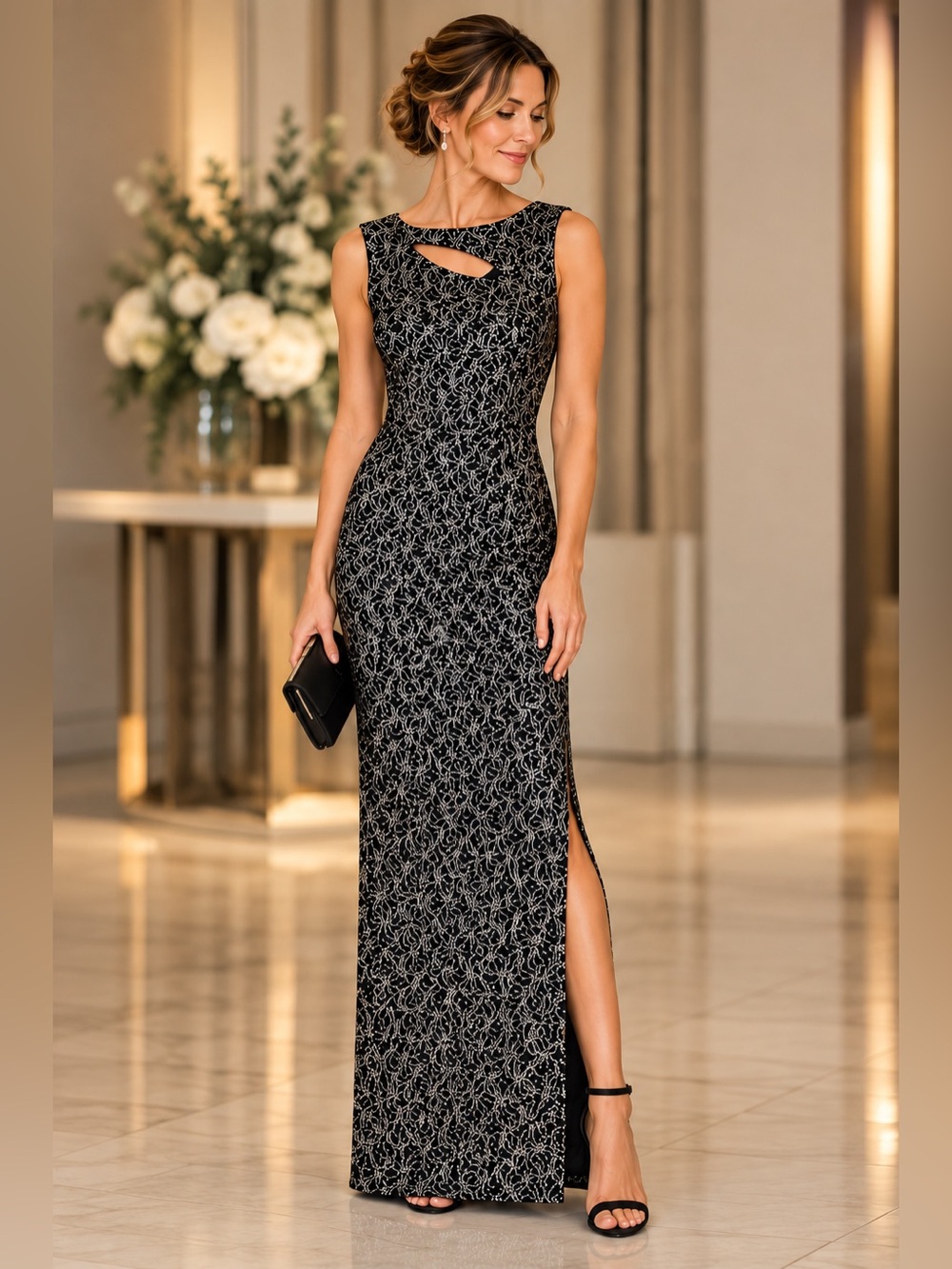 Connected Apparel Black Silver Sequin Maxi Evening Gown Dress Size 4